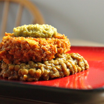 Curried bulghur cakes with coriander chutney, nested in easy lentil dal