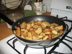 Croutons in pan