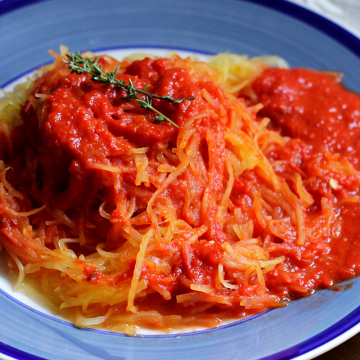 Gluten Free Spaghetti Squash Pasta with Roasted Red Pepper Sauce | Peaceful Dumpling