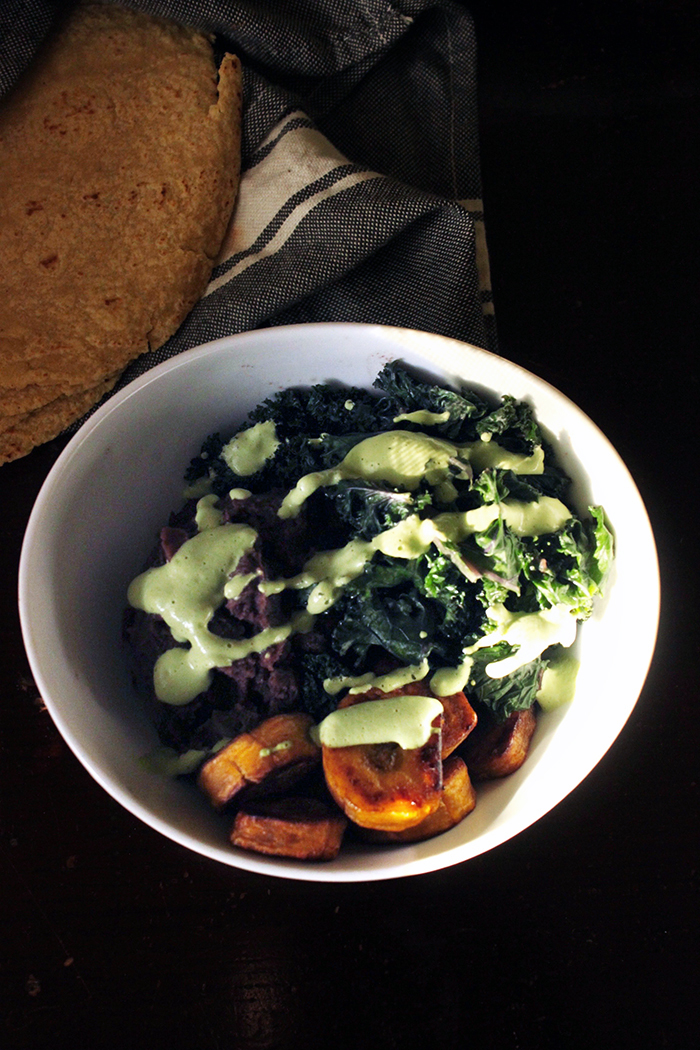 Breakfast Bowl With Black Beans, Plantain, & Cilantro Cashew Cream