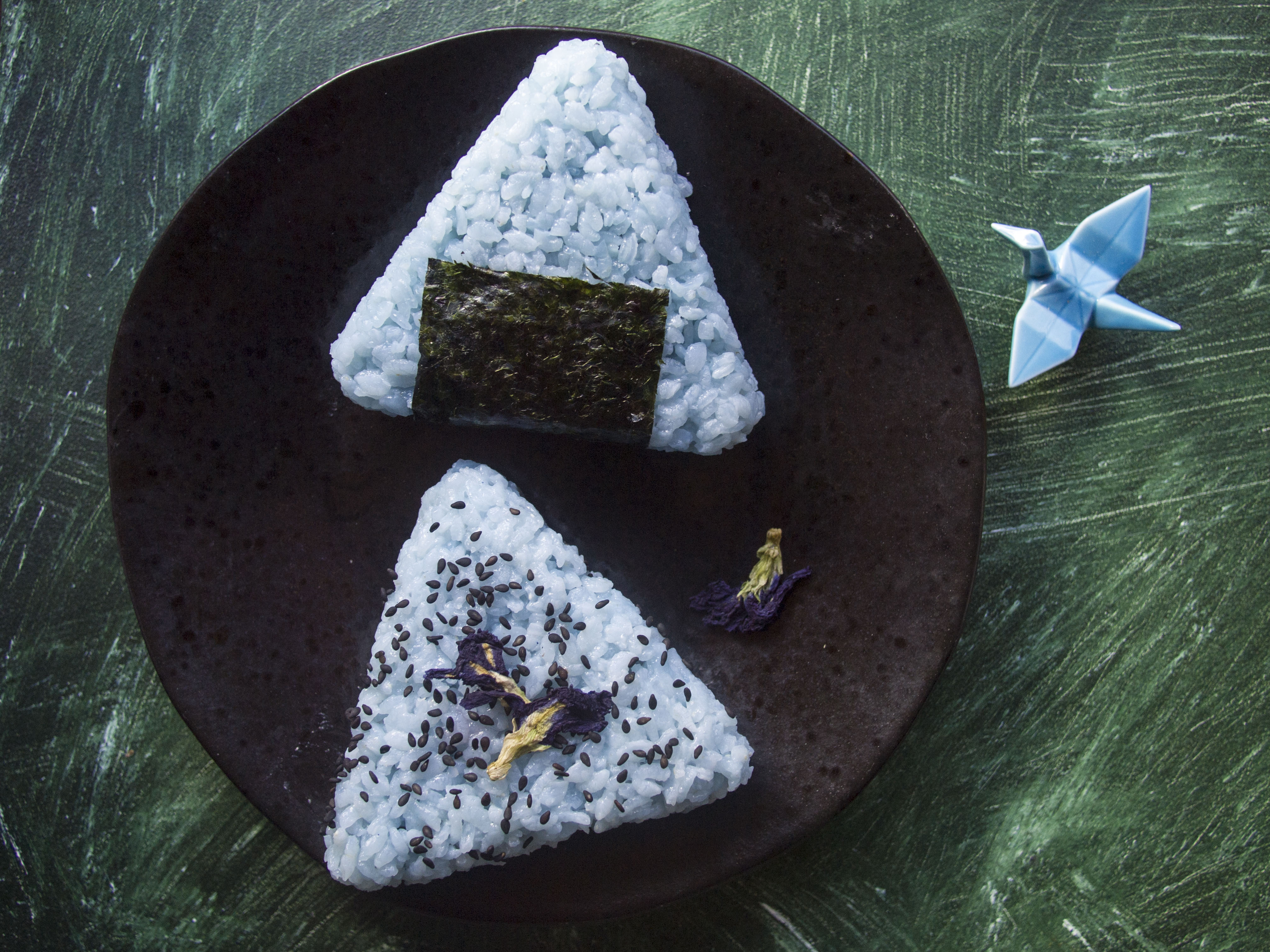 Vegan Blue Onigiri with Curry Chickpea Filling