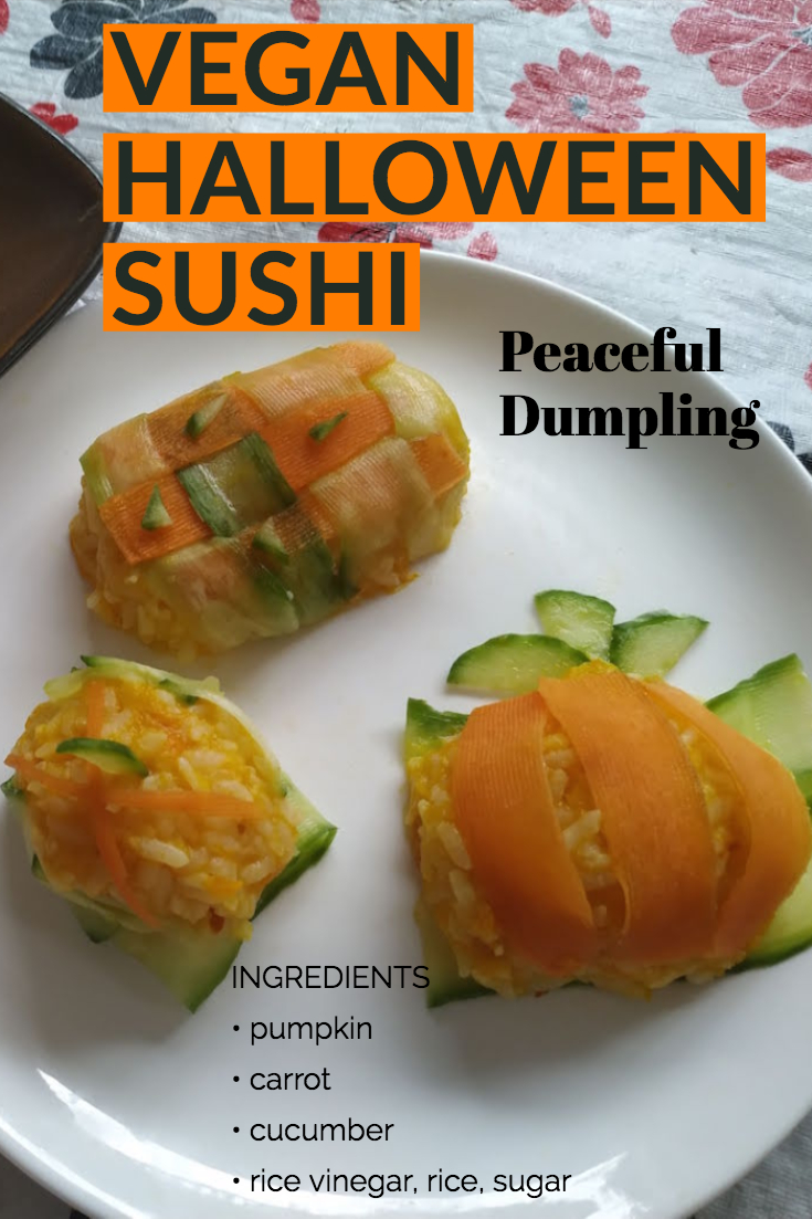 vegan halloween sushi using pumpkin, carrots, cucumbers