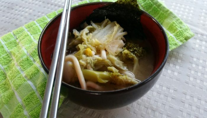 landscape close up of miso vegetable udon noodle soup