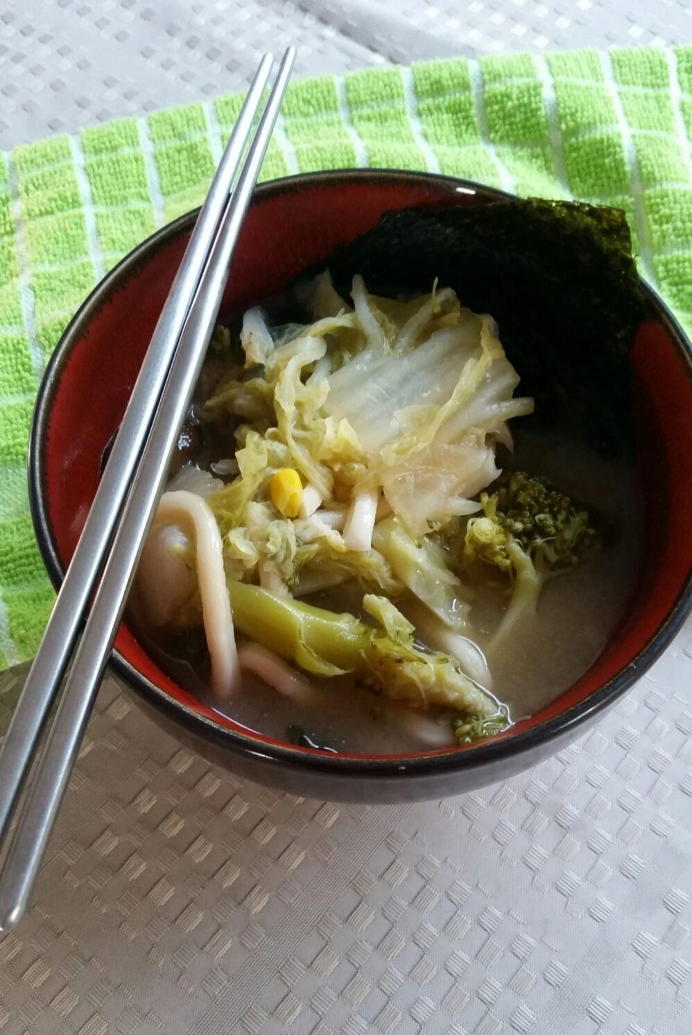 bowl of miso vegetable udon noodle soup