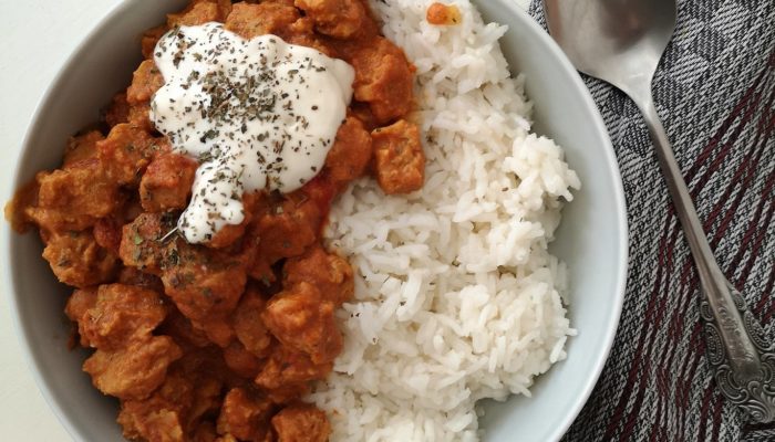 garam masala curry in a white bowl