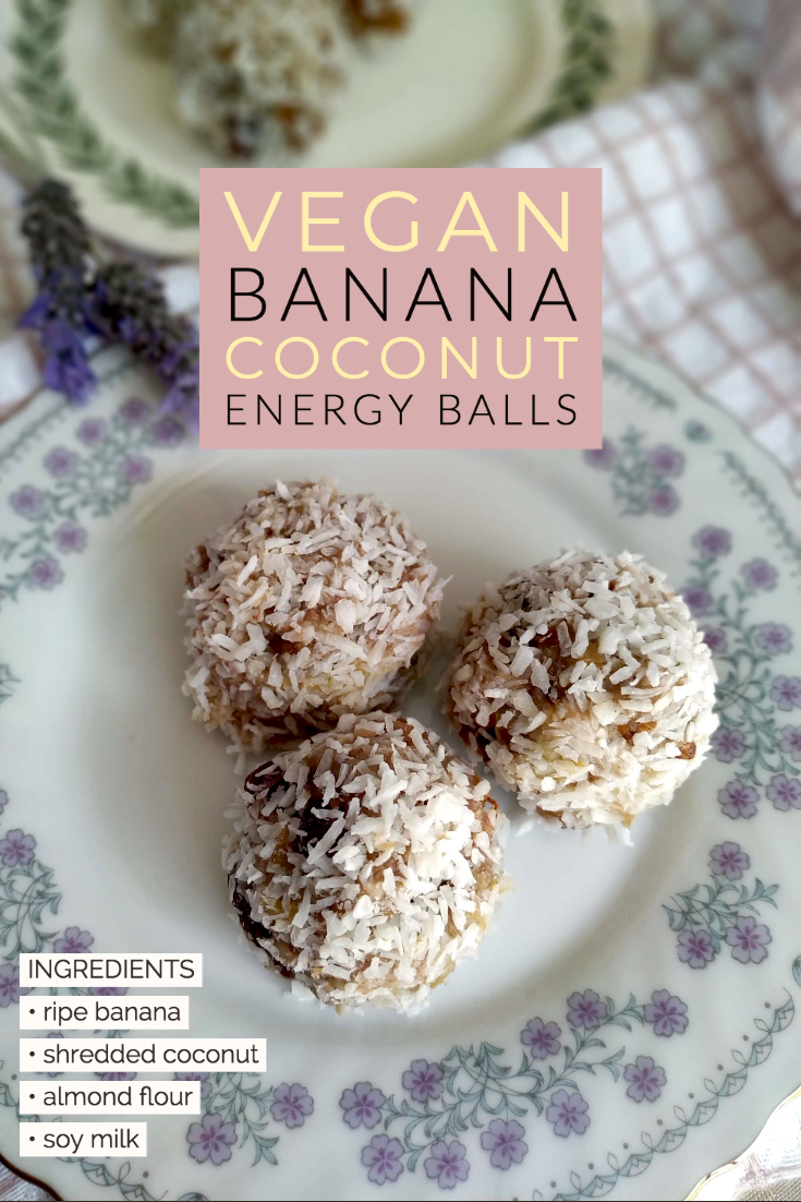 banana coconut energy balls on a floral plate with overlayed caption and ingredients