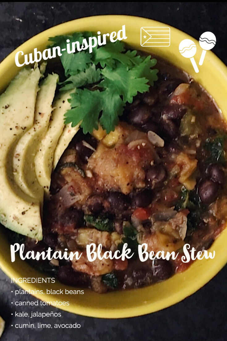 plantain black bean stew with overlayed caption