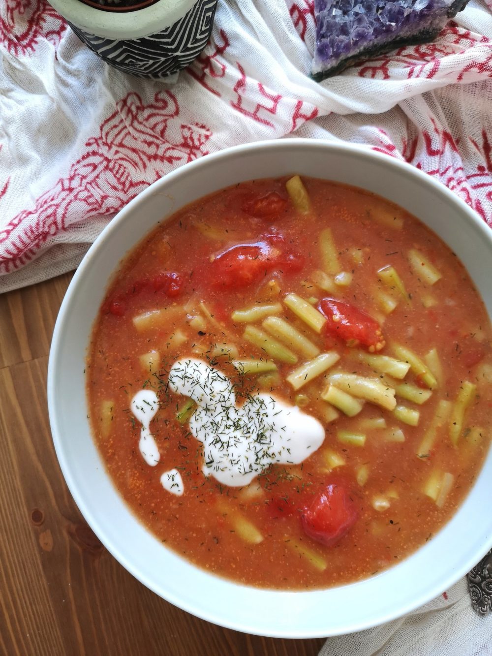 String Bean Soup in a white bowl