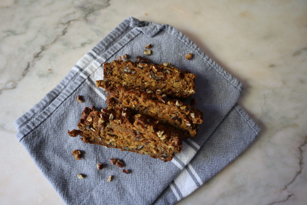 Carrot Pecan Bread on a blue dish towel