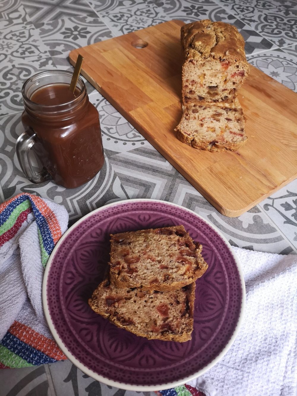 vegan cinnamon apple pear bread on a purple plate