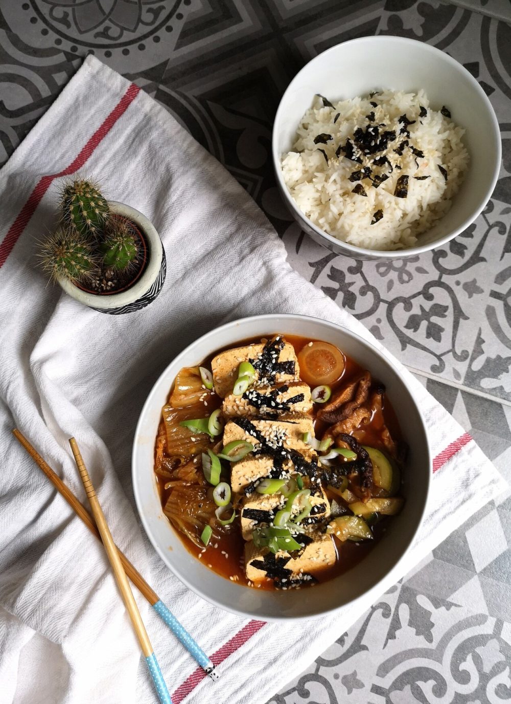 vegan kimchi jigae next to a cactus