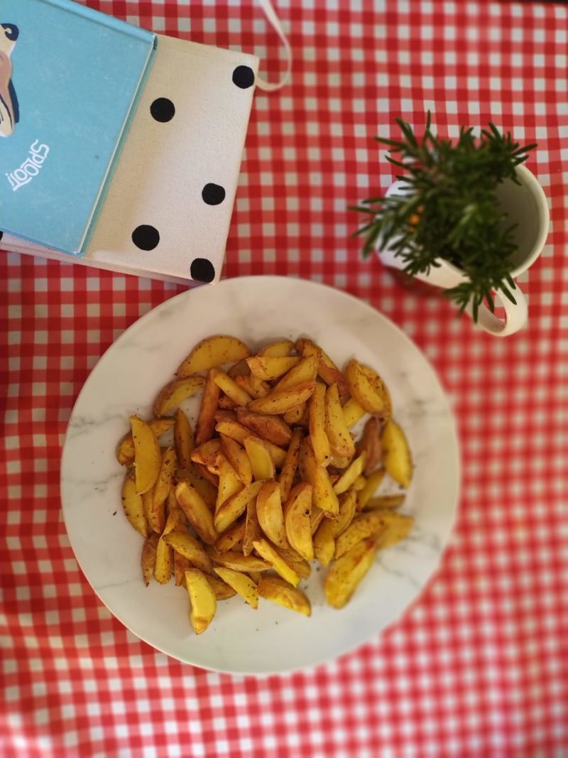 homemade vegan french fries on a picnic table