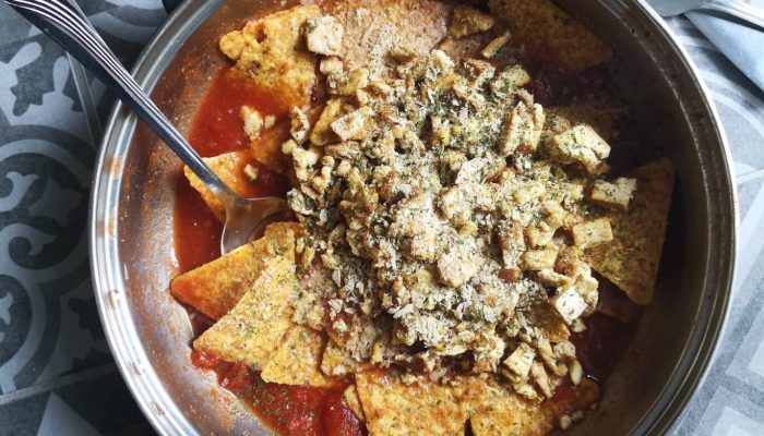 vegan tofu chilaquiles in a pan