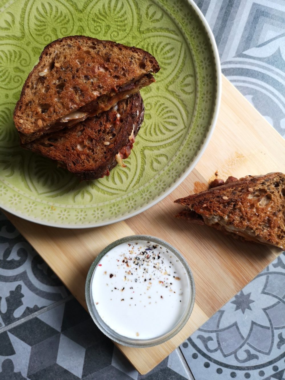 kimchi grilled cheese on a plate