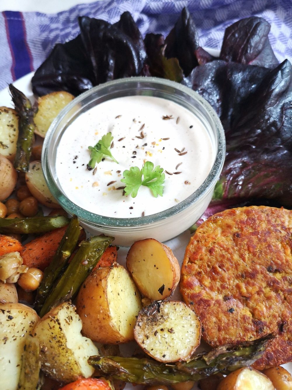 split pea steak with vegetables and tahini yogurt sauce