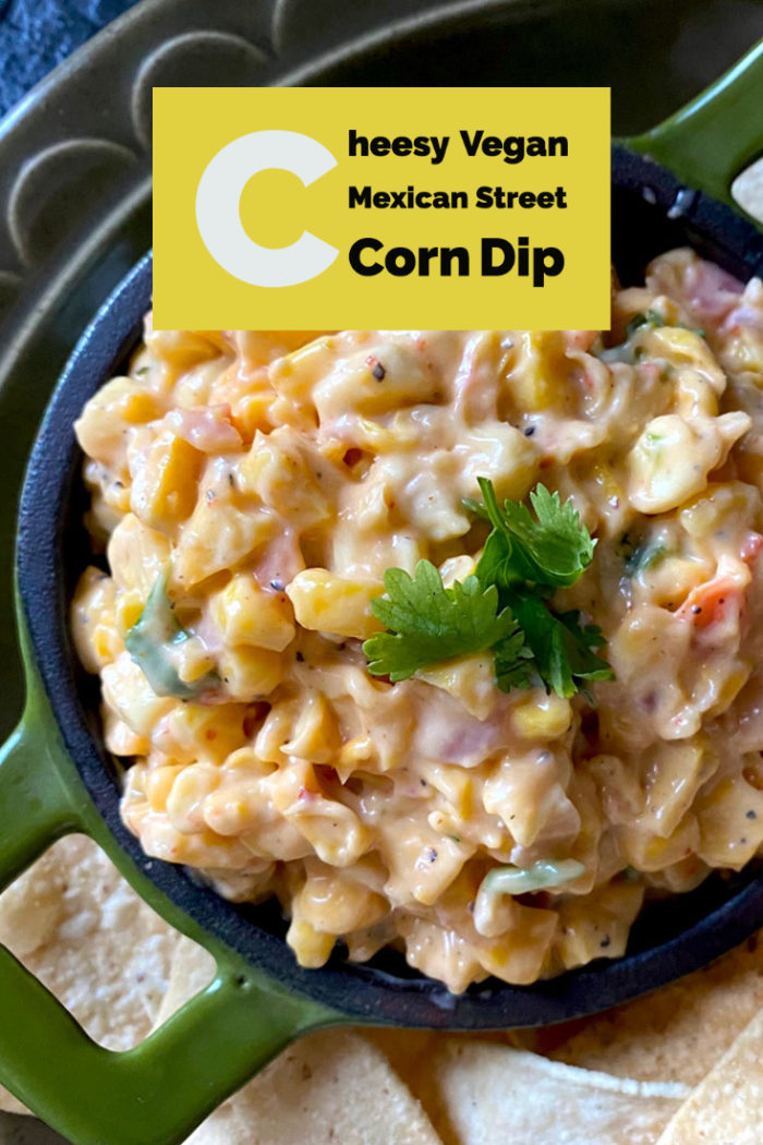 mexican corn dip in a dish with caption