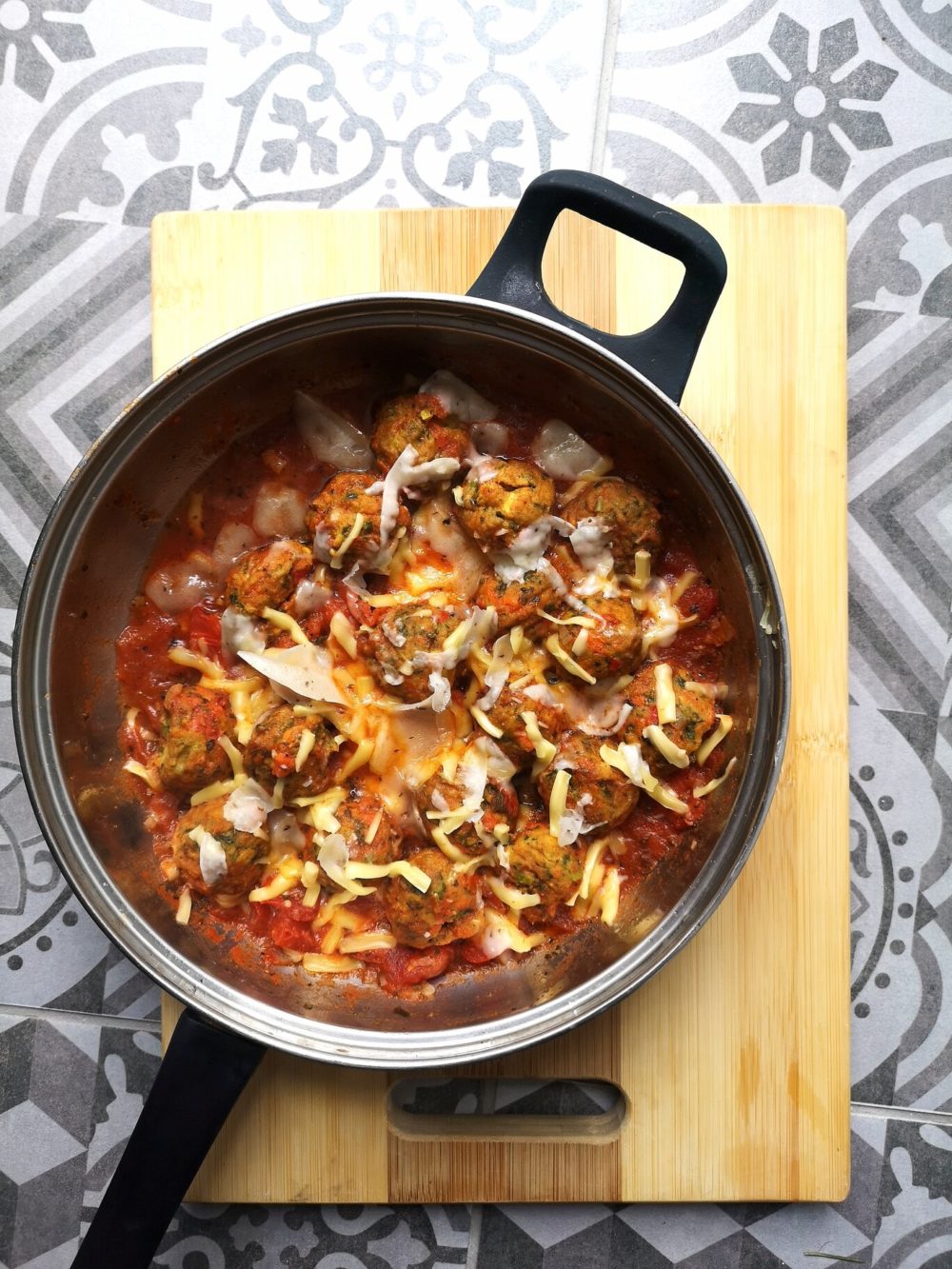 swedish veggie balls in a pot on a cutting board