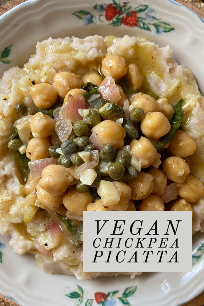 vegan chickpea picatta in a dish with overlayed caption