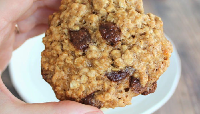 a hand holding a banana chocolate chip oatmeal cookie