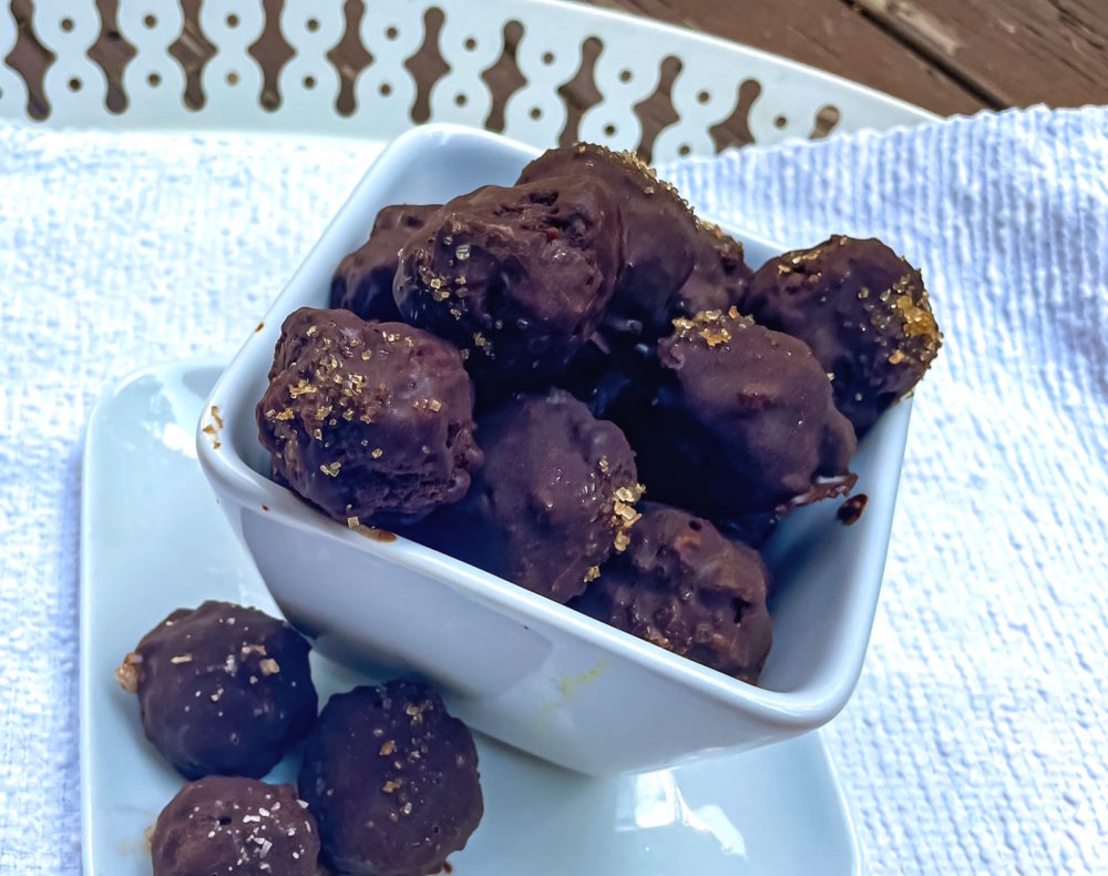 zucchini chocolate cake truffles in a white dish