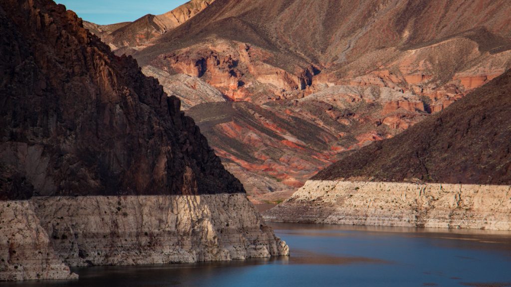 White Rings around the rock face of Lake Mead Due to Water Shortage