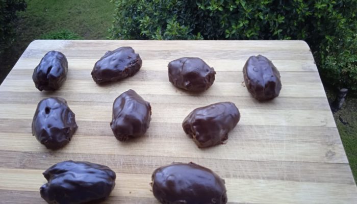 vegan snicker candies on a wooden table with green plants in the background