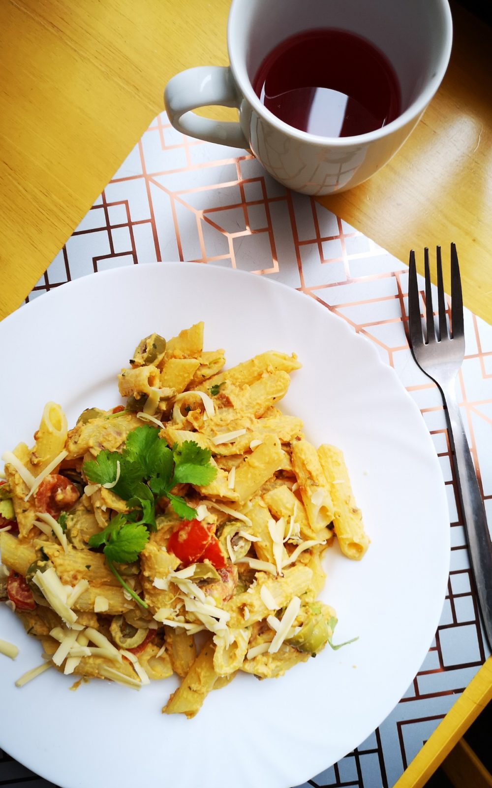 vegan moroccan hummus penne on a white plate