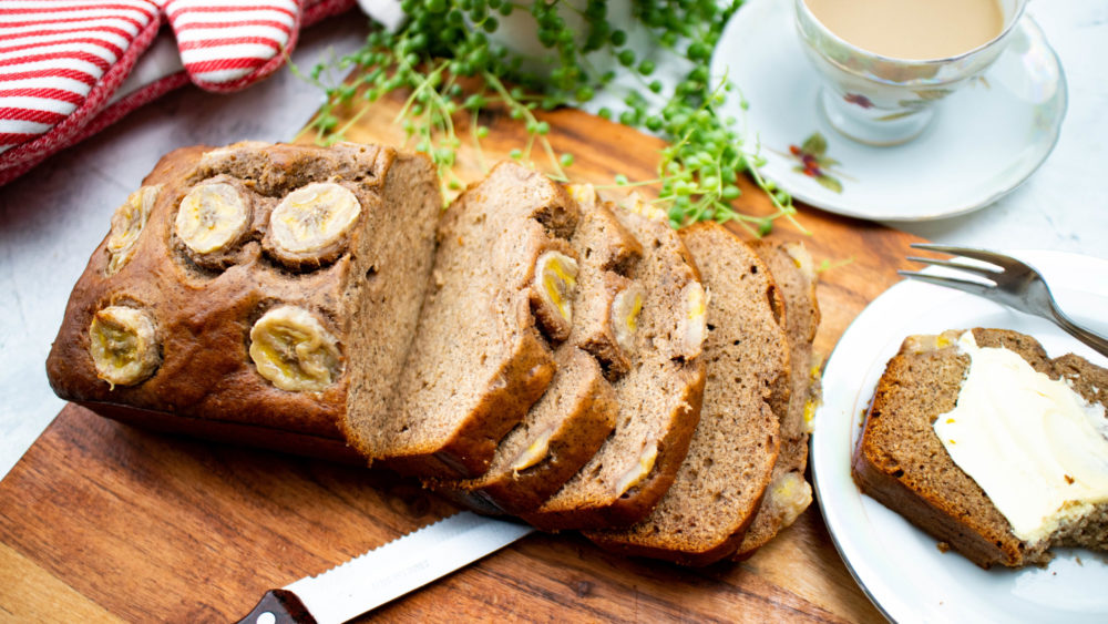 vegan cinnamon banana bread cut into slices