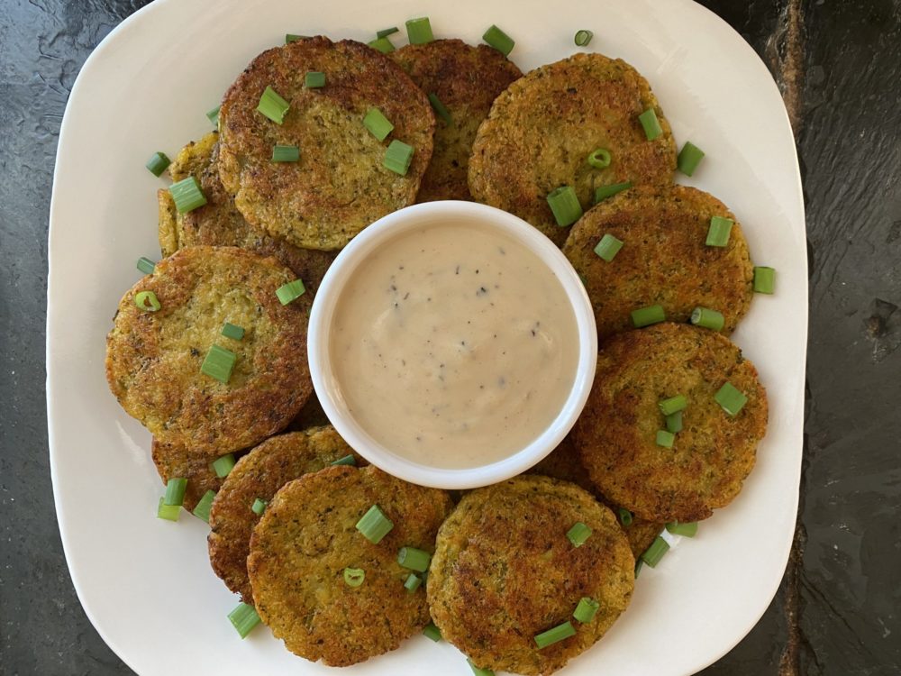 Vegan Broccoli Potato Patties With Lemon Garlic Dip