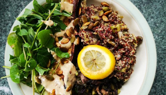 vegan spring abundance bowl on a tabletop