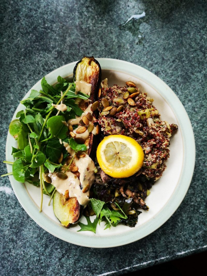 vegan spring abundance bowl on a tabletop