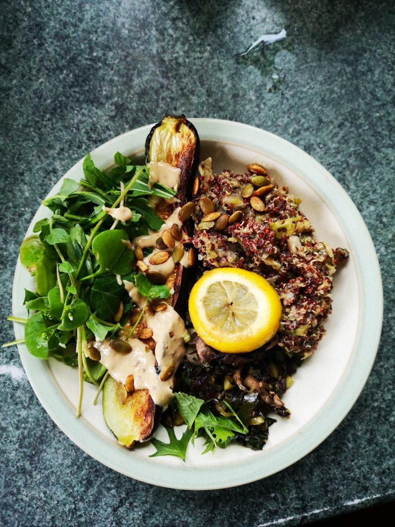 vegan spring abundance bowl on a table top