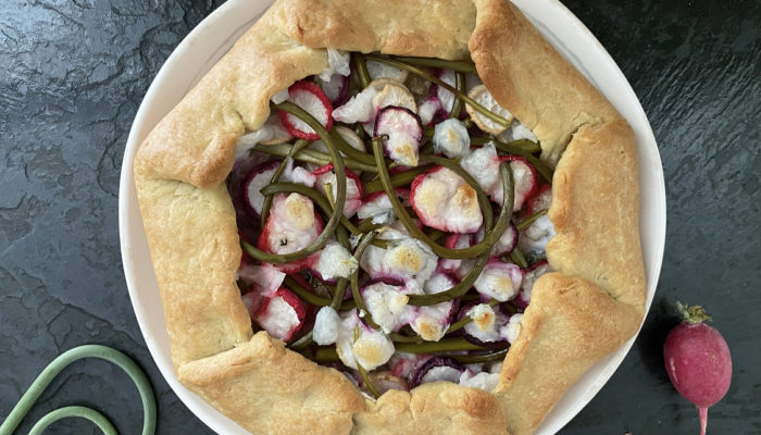 galette on a white plate against a black background