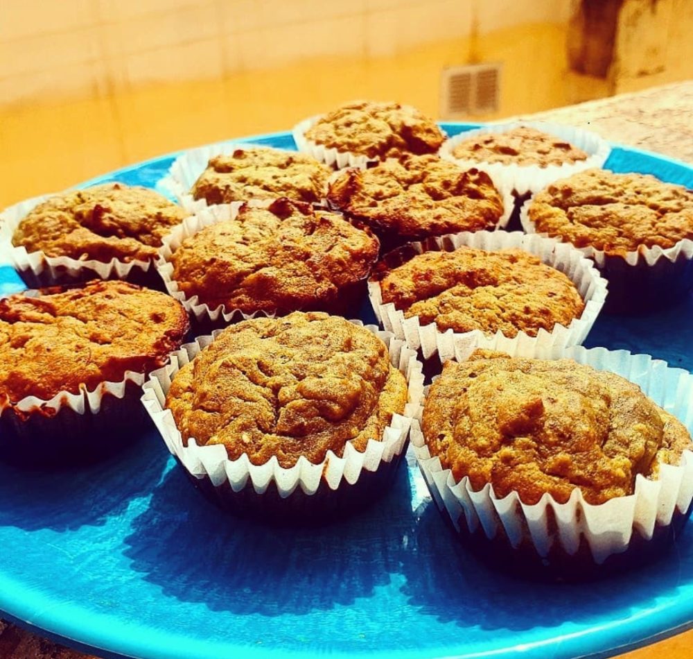 vegan protein muffins on a blue plate