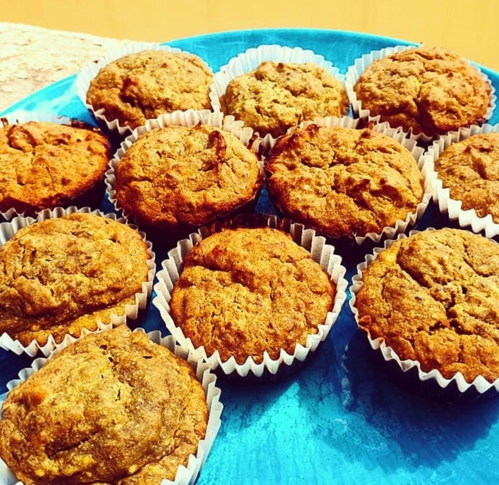 vegan protein muffins on a blue plate