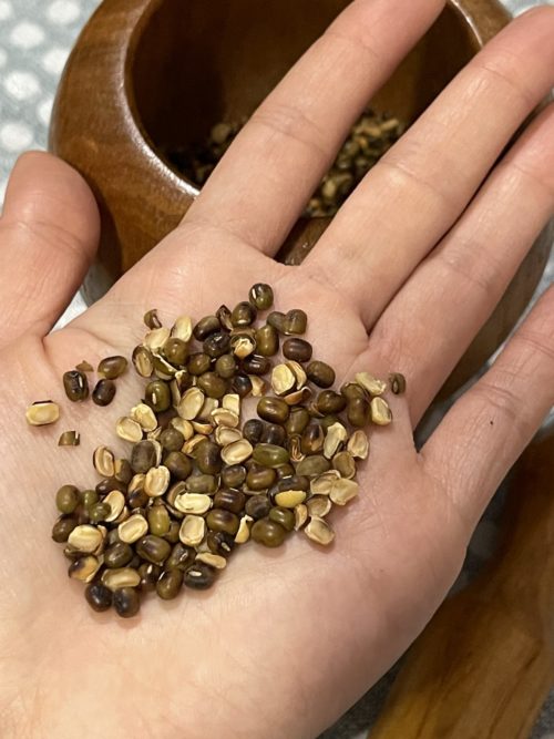 toasted mung beans in a palm.