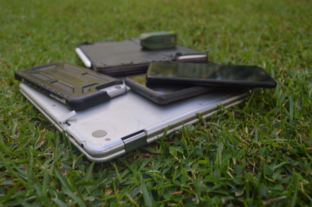 Technological devices of varying sustainability.