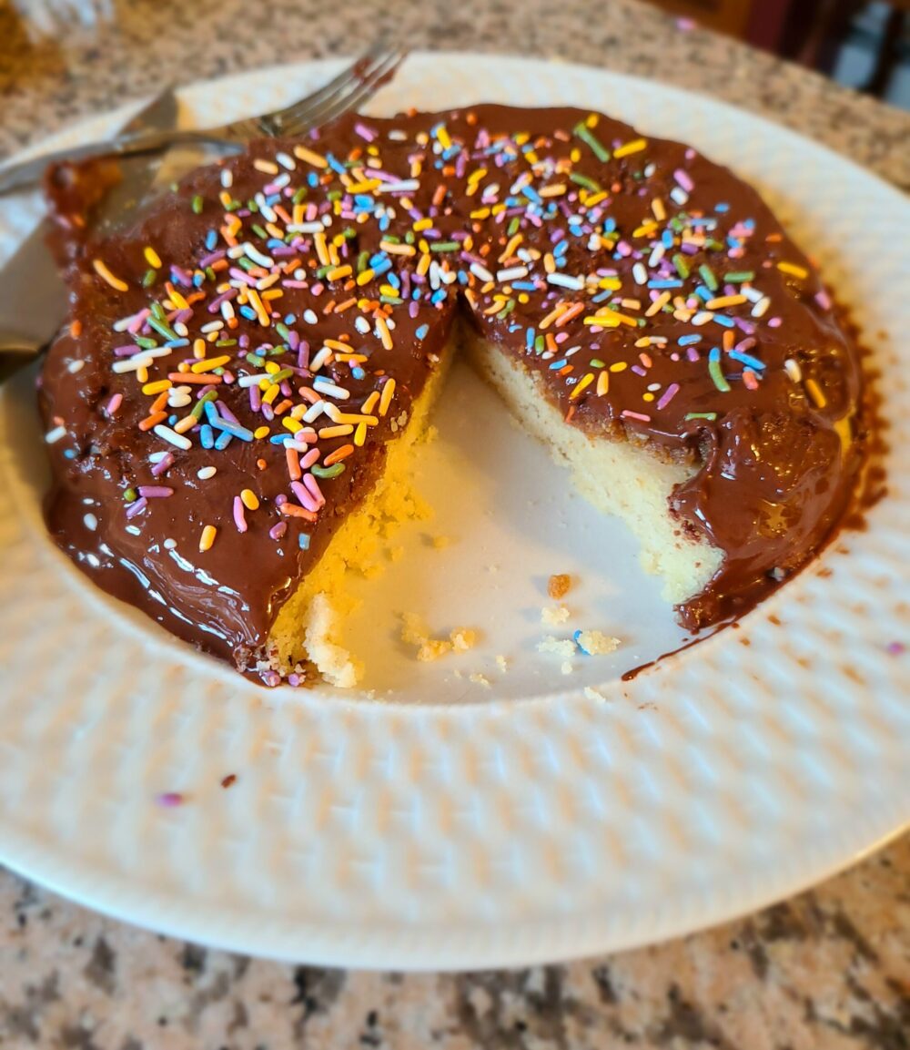 vegan peanut butter tandy cake on a white plate