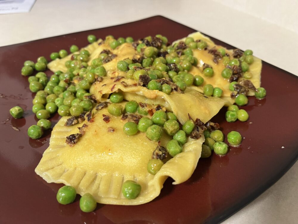 vegan ravioli with pumpkin tofu ricotta and mushroom filling.